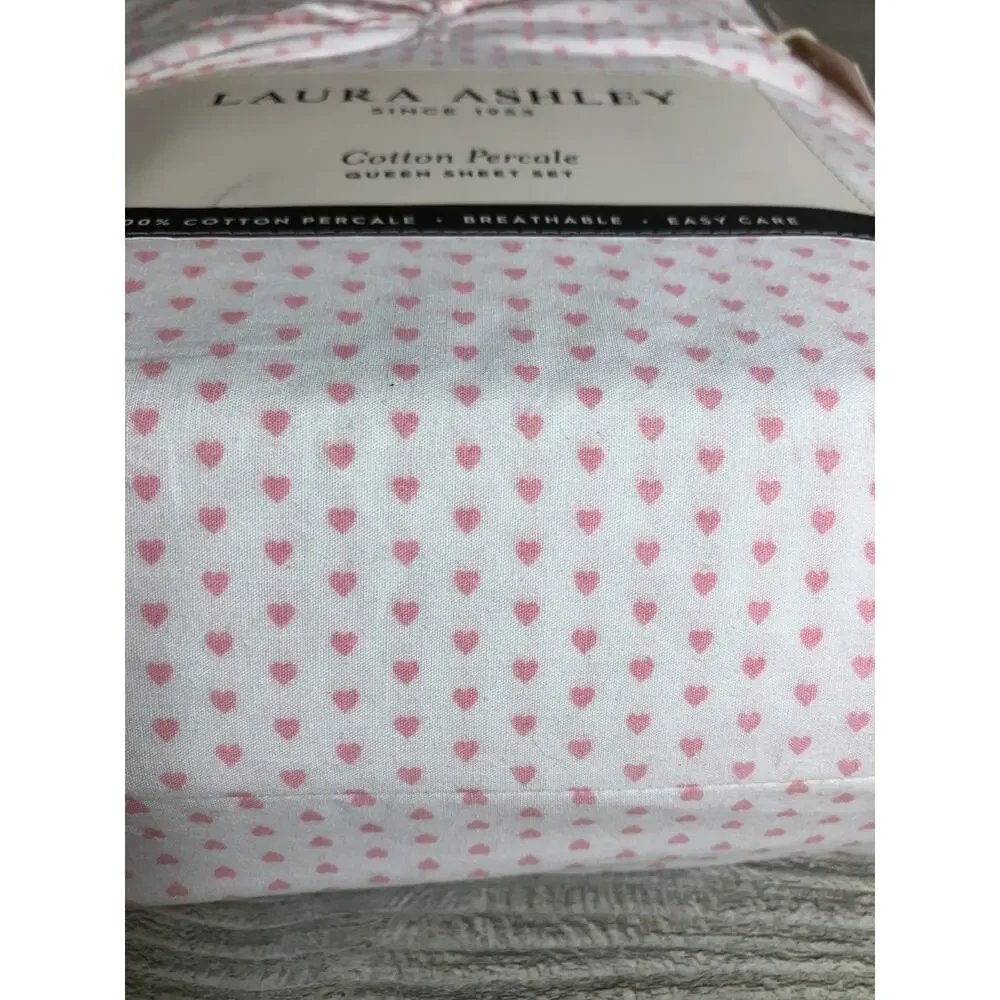 Laura Ashley QUEEN Sheet set HEART TO HEART Pink & White cotton percale sheets